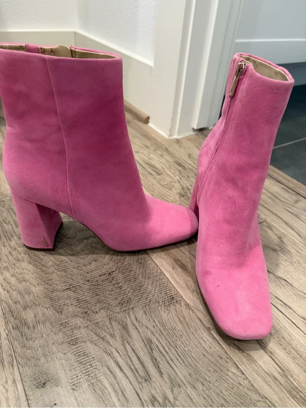 Sam Edelman Pink Suede Block Heel Ankle Boots